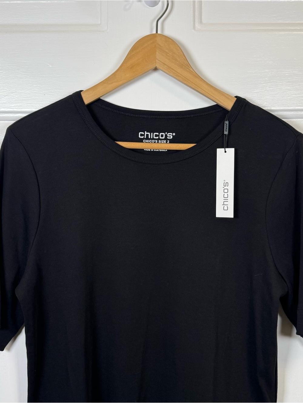Chico's Black Crew Neck Elbow Sleeve Tee Basic Knit Size 2 Large NWT Classic